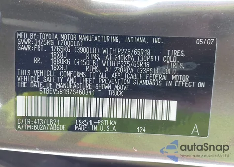 2007 Toyota Tundra Limited 5.7L V8 из США, поврежденный, VIN 5TBEV58197S460341